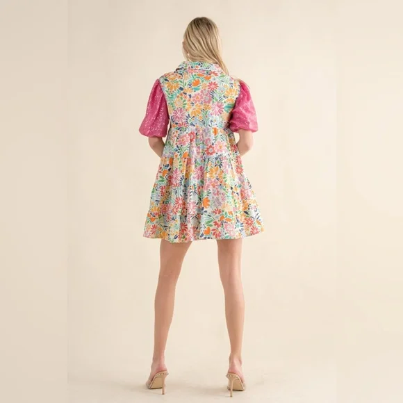 081 • Floral Button-Front Baby Doll Cotton Dress with Pink Puff Sequined Sleeves - Picture 11 of 12